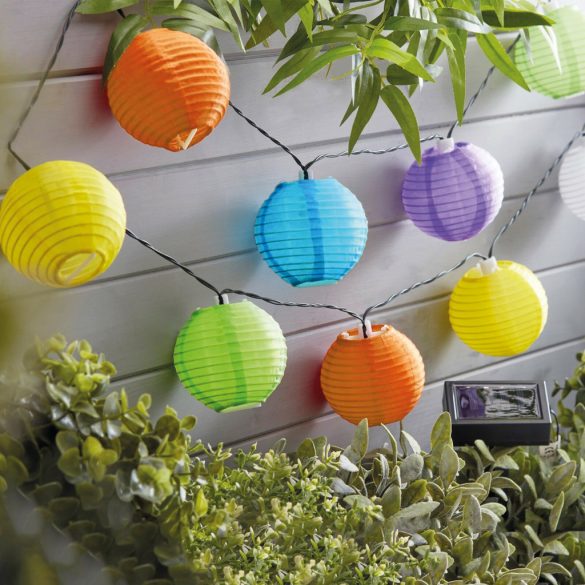 Szolár lampion fényfüzér - 10 db színes lampion, hidegfehér LED - 3,7 m 11227B