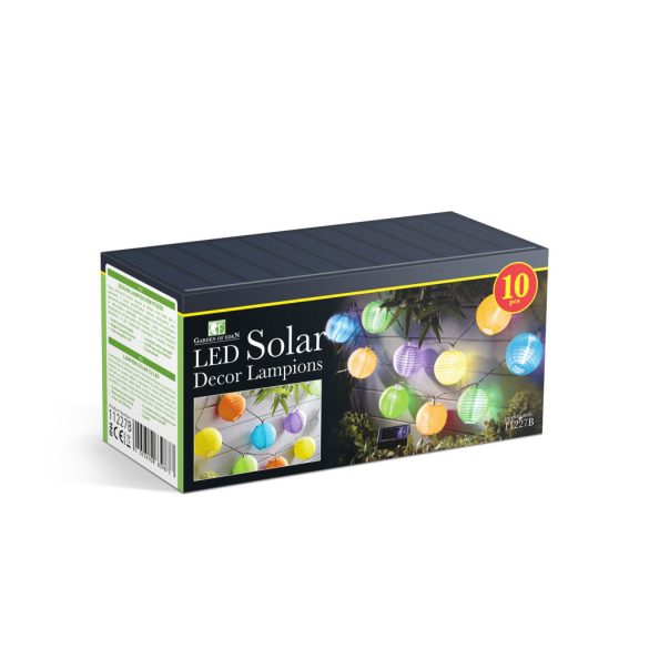 Szolár lampion fényfüzér - 10 db színes lampion, hidegfehér LED - 3,7 m 11227B
