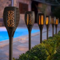   LED-es szolár lámpa - leszúrható - lángeffekt - 12 sárga LED - műanyag - fekete - 10 x 58 cm