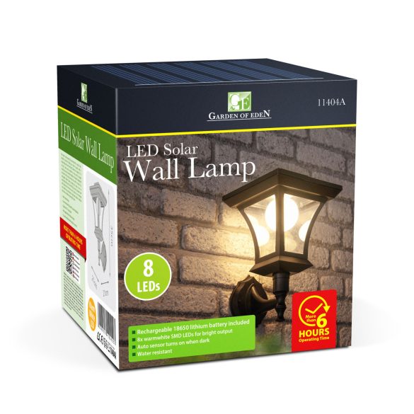 LED-es szolár lámpa - fali - 21 x 21 cm - 8 LED - fekete - melegfehér