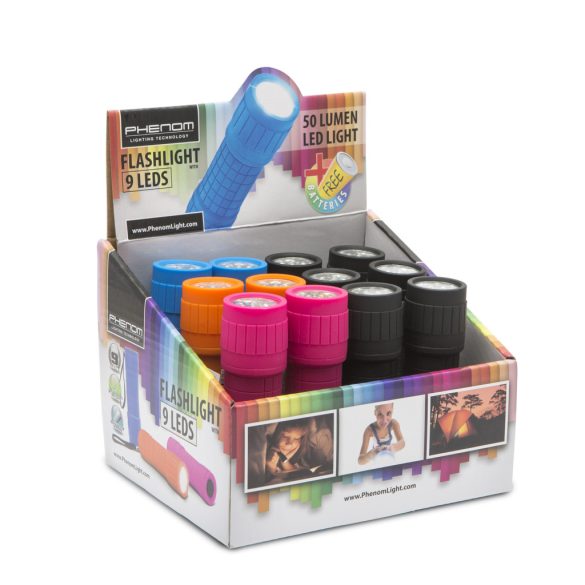 LED-es elemlámpa ajándék elemmel 12 db-os kínálódobozban