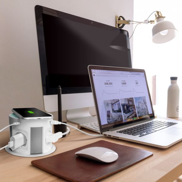 Rejtett elosztó - 4-es + vezeték nélküli töltés + 2xUSB + 2xType-C - fehér