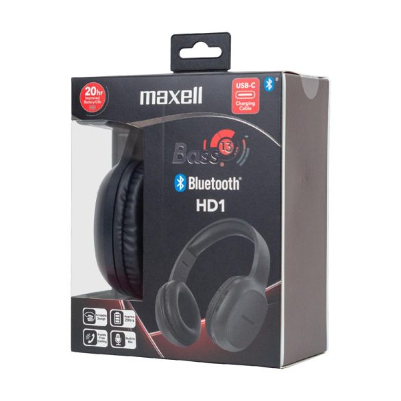 Maxell 304024.00.CN BASS13 HD1 vezeték nélküli fejhallgató, Bluetooth, összehajtható, 90dB, akkumulátor, mikrofon