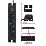 Elosztó 4-dugaljas+2xUSB-A, túlfeszültség védett, H05VV-F 3G1.5 mm² , felületre szerelhető