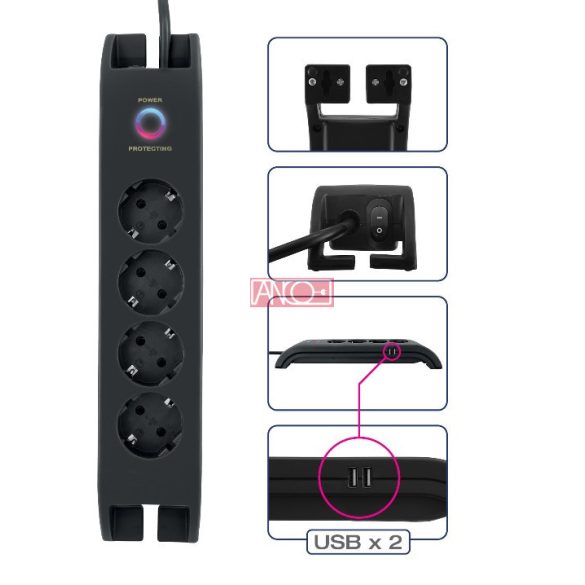 Elosztó 4-dugaljas+2xUSB-A, túlfeszültség védett, H05VV-F 3G1.5 mm² , felületre szerelhető