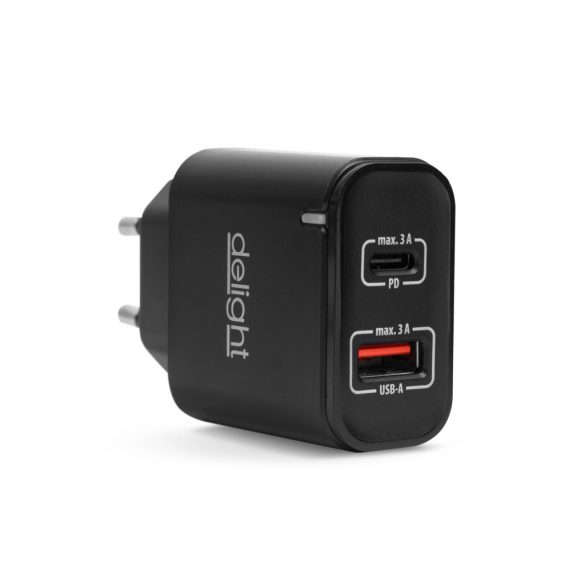 Hálózati Adapter USB + Type-C PD20W gyorstöltéssel - fekete 55047BK