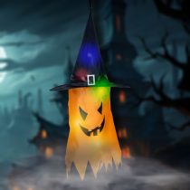   Halloween-i LED dekor - szellem - sárga - 10 színes LED - akasztható - 2 x 2032 - 75 x 35 cm