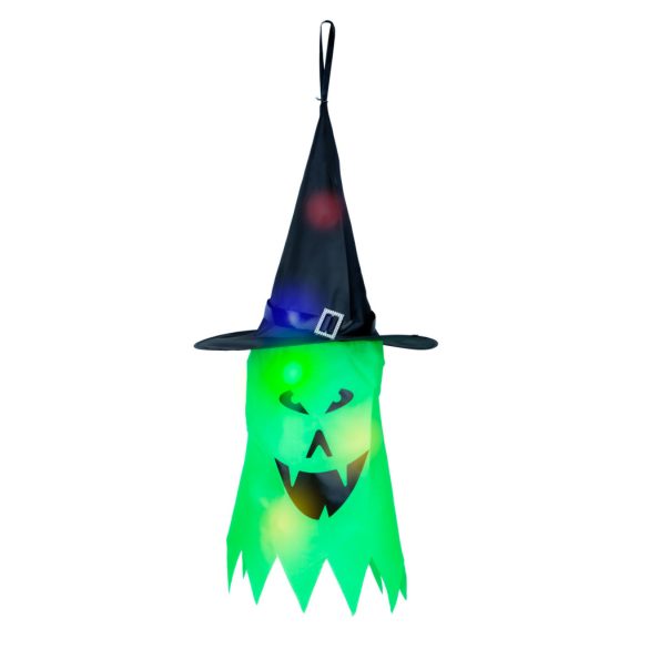 Halloween-i LED dekor - szellem - zöld - 10 színes LED - akasztható - 2 x 2032 - 75 x 35 cm