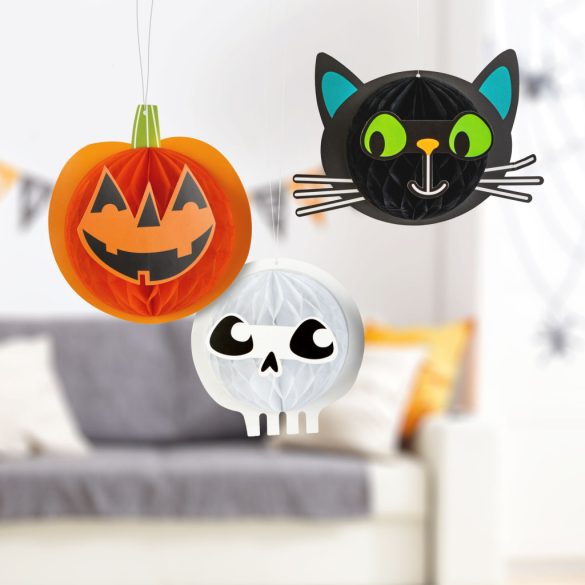 Halloween-i dekoráció - lampion szett - tök, macska, koponya - papír - 20 cm - 3 db / csomag