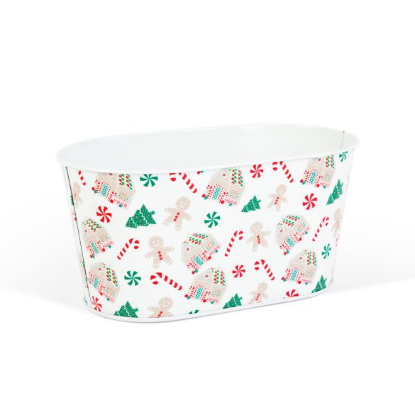 Karácsonyi fém kosár - házikó mintás - 19 x 11,5 x 9,5 cm