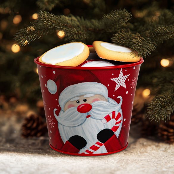 Karácsonyi dekoráció - fém kaspó, vödör - Mikulás - 13 x 11 cm