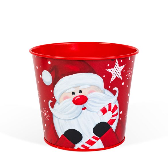 Karácsonyi dekoráció - fém kaspó, vödör - Mikulás - 13 x 11 cm