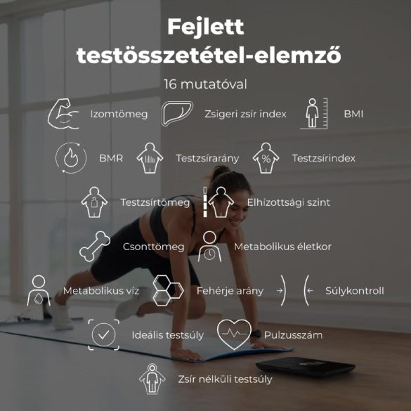 AENO ABS0002S BS2S testmérleg,  180 kg-ig terhelhető, SMART funkciók, profilok, BMI index elemzés, színes kijelző