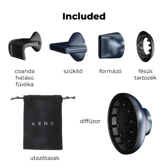 AENO AHD0003 HD3 hajszárító, 1500 W, 5 fűtési fokozat, ionizátor, kefe nélküli motor, LED kijelző, 570 gramm