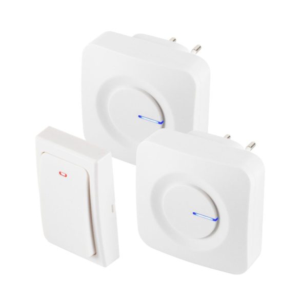 HOME DBKS1001AC vezeték és elem nélküli csengő készlet, 1x nyomógomb + 2x csengő, 100m hatótáv, 36 dallam, szabályozható hangerő, IP44, fényjelzés, kinetikus nyomógomb
