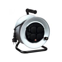   Home HJRM 10-50 fém kábeldob, 50 m, fém talp és dob, IP44-es védelem, H07RN-F 3G1,5 mm2 gumi kábel, max. 3000 W, védőkapcsoló,  fix, nem forgó aljzatokkal