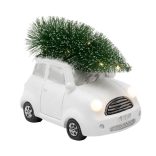 Home KDCA 15 LED-es kerámia figura, fehér autó fenyővel, 11 db LED