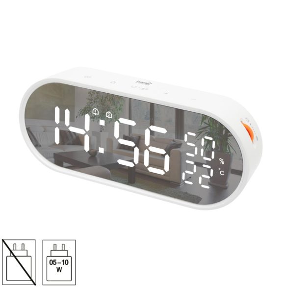 HOME LTC06 ébresztőóra, USB töltőkimenet, fehér kijelző, két ébresztési időpont, hőmérséklet és páratartalom mérés