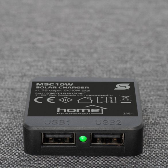 HOME MSC10W hordozható napelemes USB töltő, összecsukható, 10Watt, 2xUSB, LED töltésjelző, felakasztható, tartozék karabinerekkel