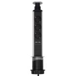 Home NVE 3/USB süllyesztett elosztó USB töltőaljzatokkal, 1,4 m, 3 földelt aljzat gyermekvédelemmel, asztalba, munkalapba építhető, süllyeszthető, max. 3680 W