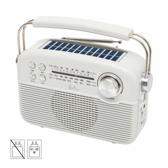 SAL RPR9 napelemes rádió multimédia lejátszóval, FM-AM-SW rádió, Bluetooth, USB és microSD csatlakozás, beépített akkumulátor