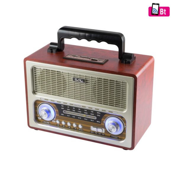 SAL RRT3 retro táskarádió, stereo multimédia lejátszó, BT, USB/microSD, AUX, 3-sávos rádió, hálózati/elemes