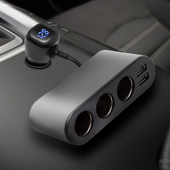SAL SAU80W autós feszültségelosztó és USB töltő, 3.4A USB töltő, max.80Watt, fém burkolat, Voltmérő, autó-akkumulátor állapotának ellenőrzése, 12/24V járművekhez