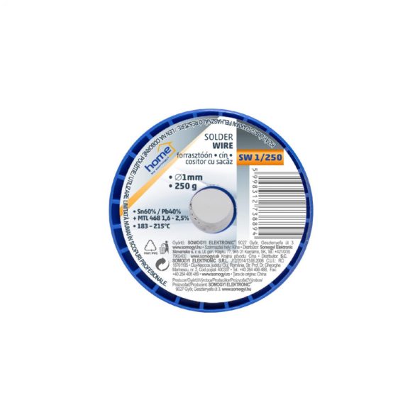 Home SW 1/250 forrasztóón, 1mm, 250g, európai gyártótól származó kiváló minőségű forrasztóón, összetétel: SN/PB: 60/40%, gyanta: 2,0%