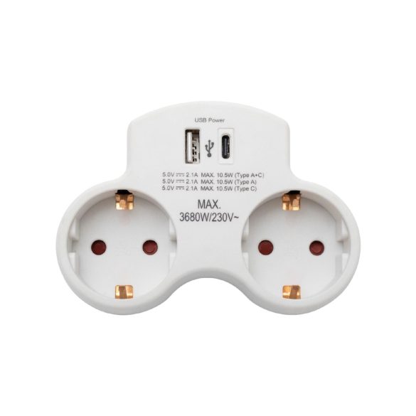 HOME TPF2USBC USBC hálózati töltő, 2.1A, max. 3680 W, 2 db földelt hálózati aljzat gyermekvédő zsaluval