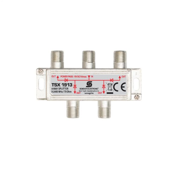 Home TSX 1913 F elosztó, HQ professzionális minőség, 75 Ohm, IP44, cink-ötvözet konstrukció, 5-2400 MHz, 4 utas, 1 bemenet, 4 kimenet