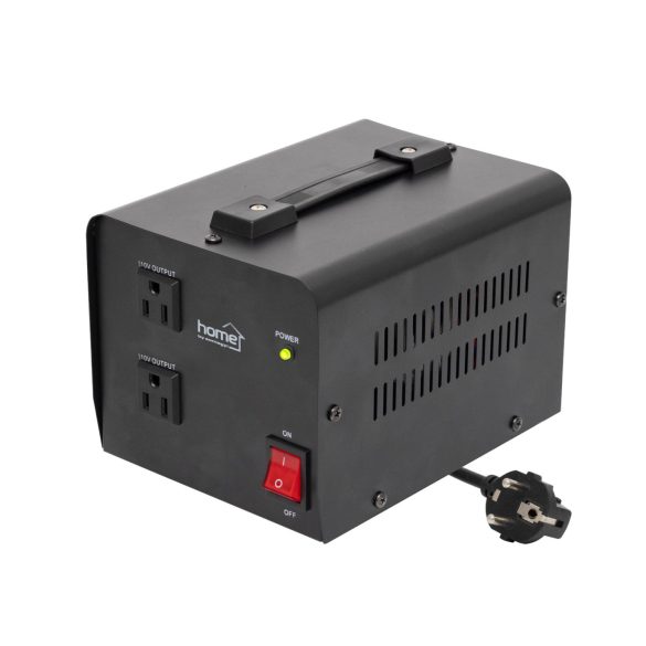 HOME VTF1000VA feszültségátalakító, max.1000VA, 230V/110V transzformátor, dupla 110V kimeneti aljzat két készülékhez, hordozható
